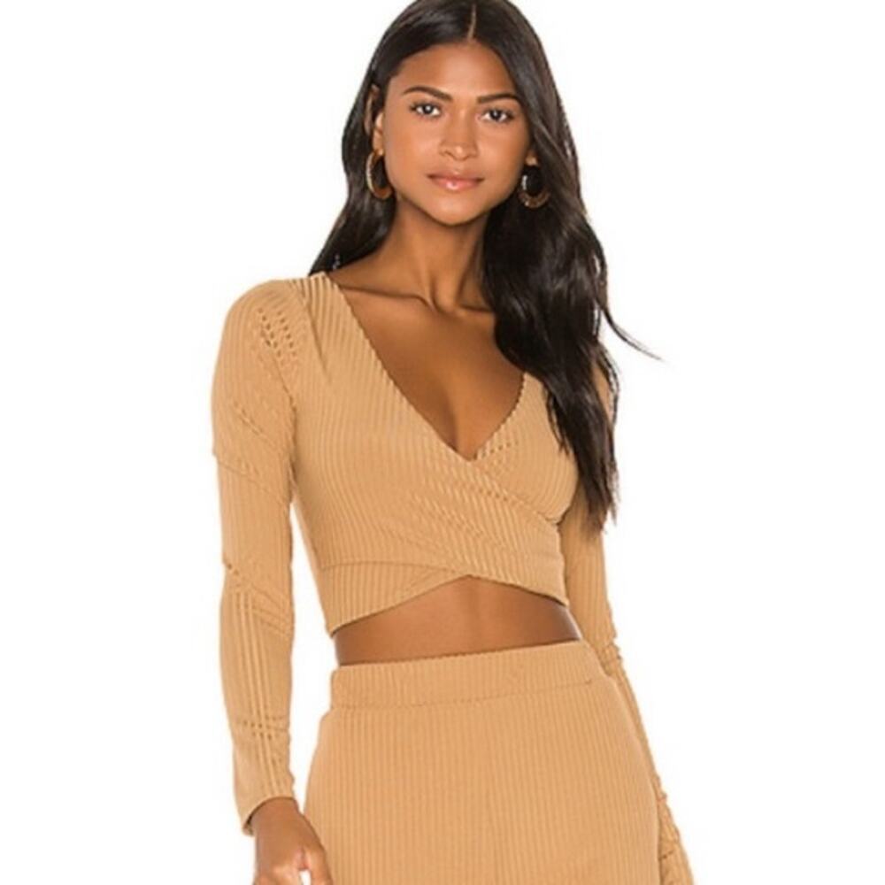Camila Coelho XL Faux Wrap Crop Top Blouse Nude Long Sleeves Stretch Ester